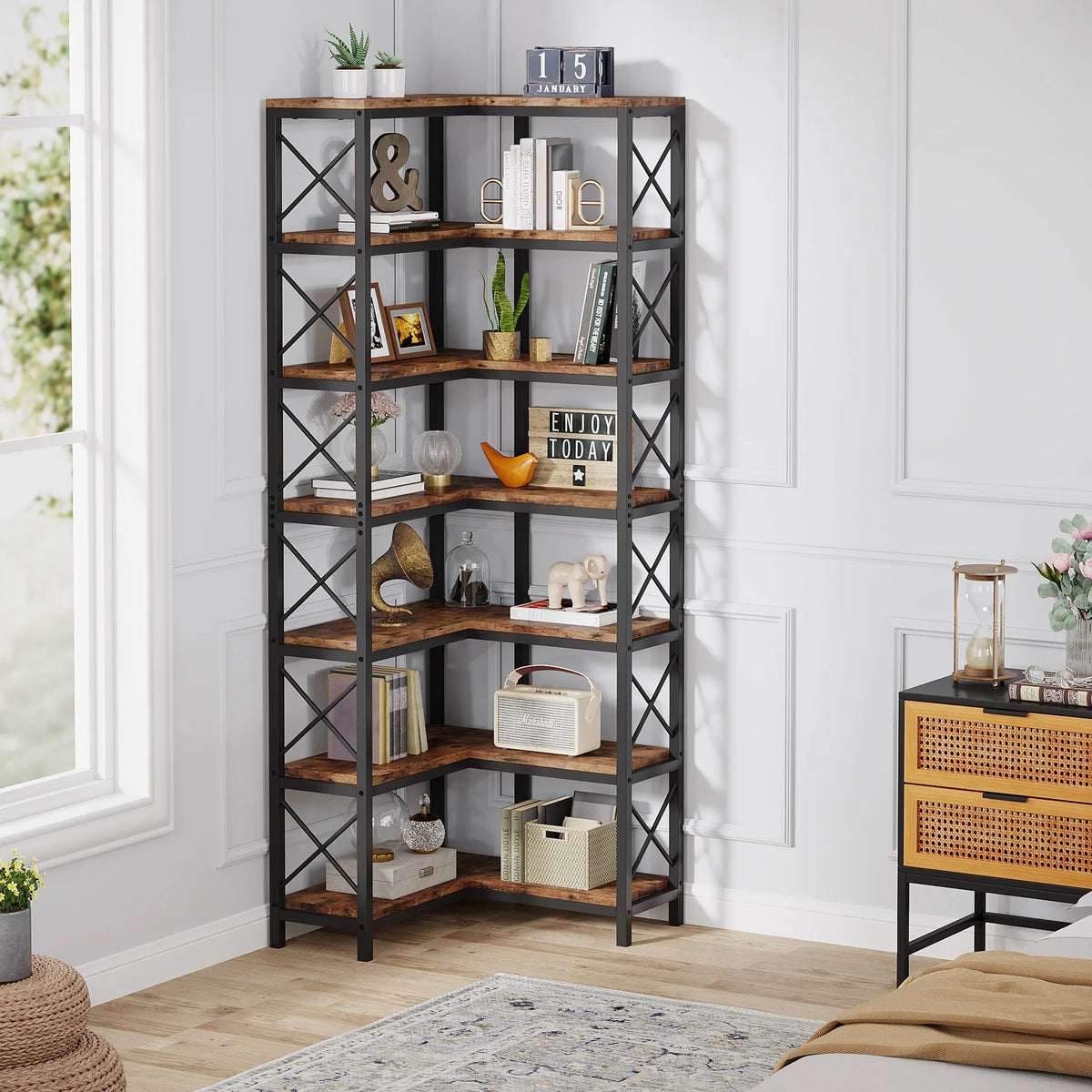 Tribesigns 7-Shelf Corner Bookshelf,Large Modern Corner Bookcase, 7-Tier Tall Corner Shelf Storage Display Rack with Metal Frame