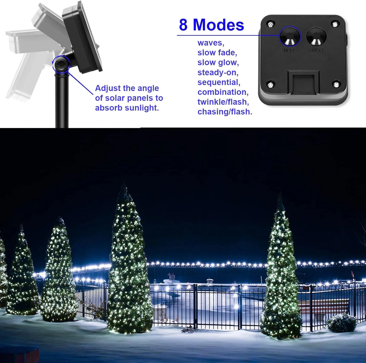 4Pcs/Pack 400 LED Solar Fairy Lights, Copper Wire String Lights with Solar Powered, 8 Lighting Modes, Outdoor/Indoor Lights for Garden, Patio, Wedding, Party & Holiday Decoration(Totaling 157.48 Feet ,Warm/Cool White/Mulitico
