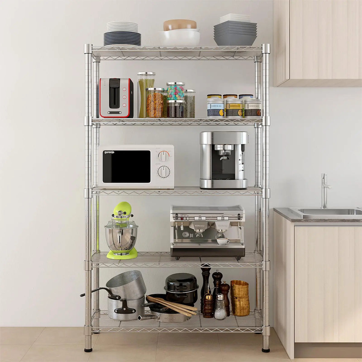 5‑Tier Storage Shelves Silver Metal Wire Storage Storage Cabinet Living Room Furniture for Kitchen Warehouse Cookware Small Appliance Household Supplies Organizer
