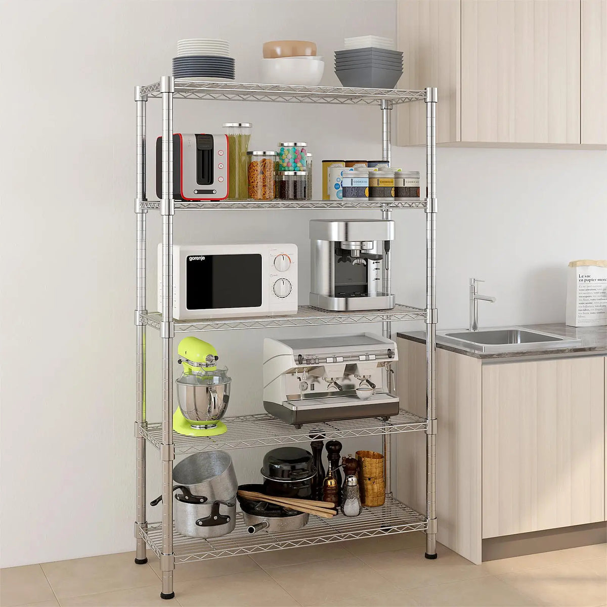5‑Tier Storage Shelves Silver Metal Wire Storage Storage Cabinet Living Room Furniture for Kitchen Warehouse Cookware Small Appliance Household Supplies Organizer
