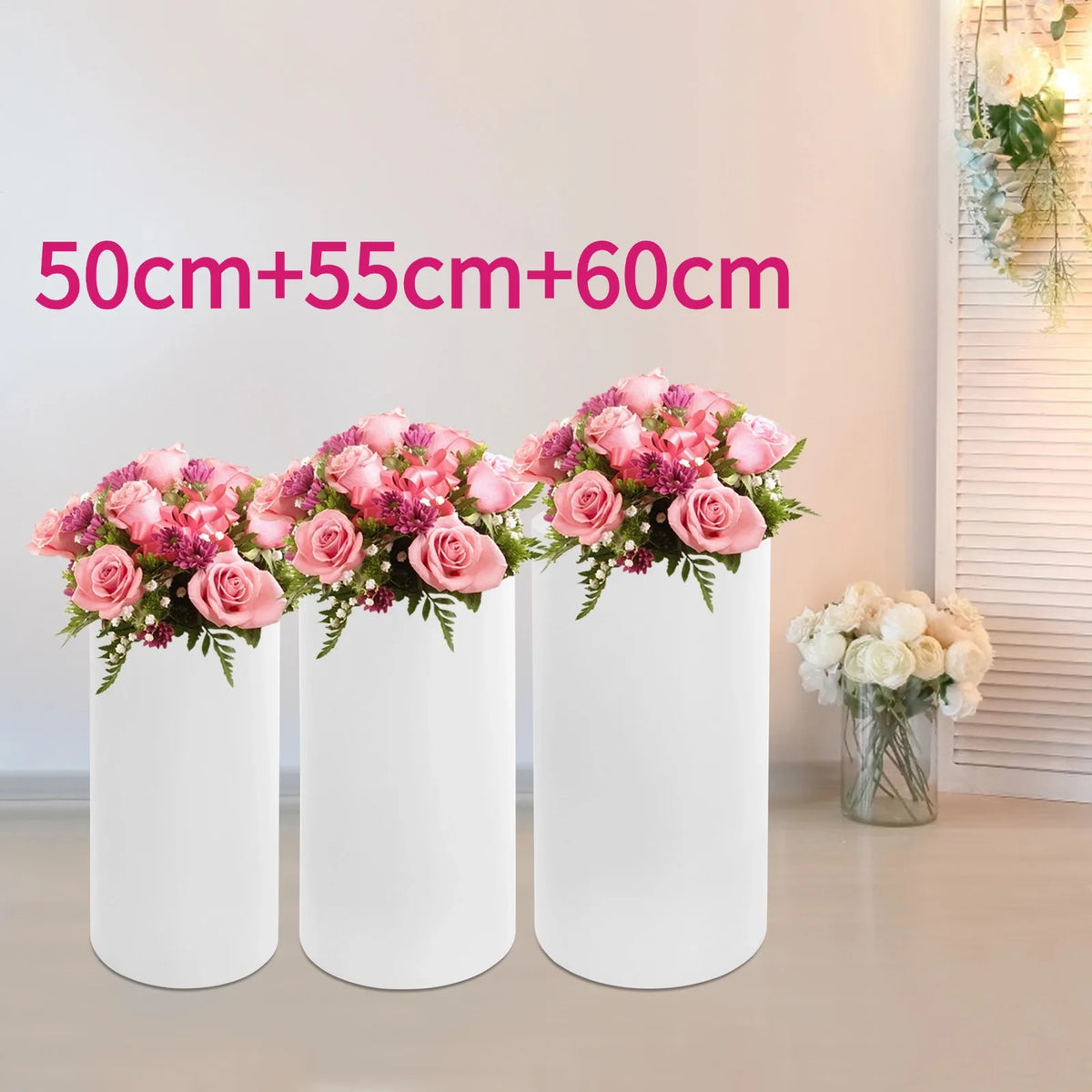 3-Piece White Cylinder Display Stand Set Cake Stand Pedestal Heavy Duty Party Decor 50+55+60cm for Wedding Dessert Table