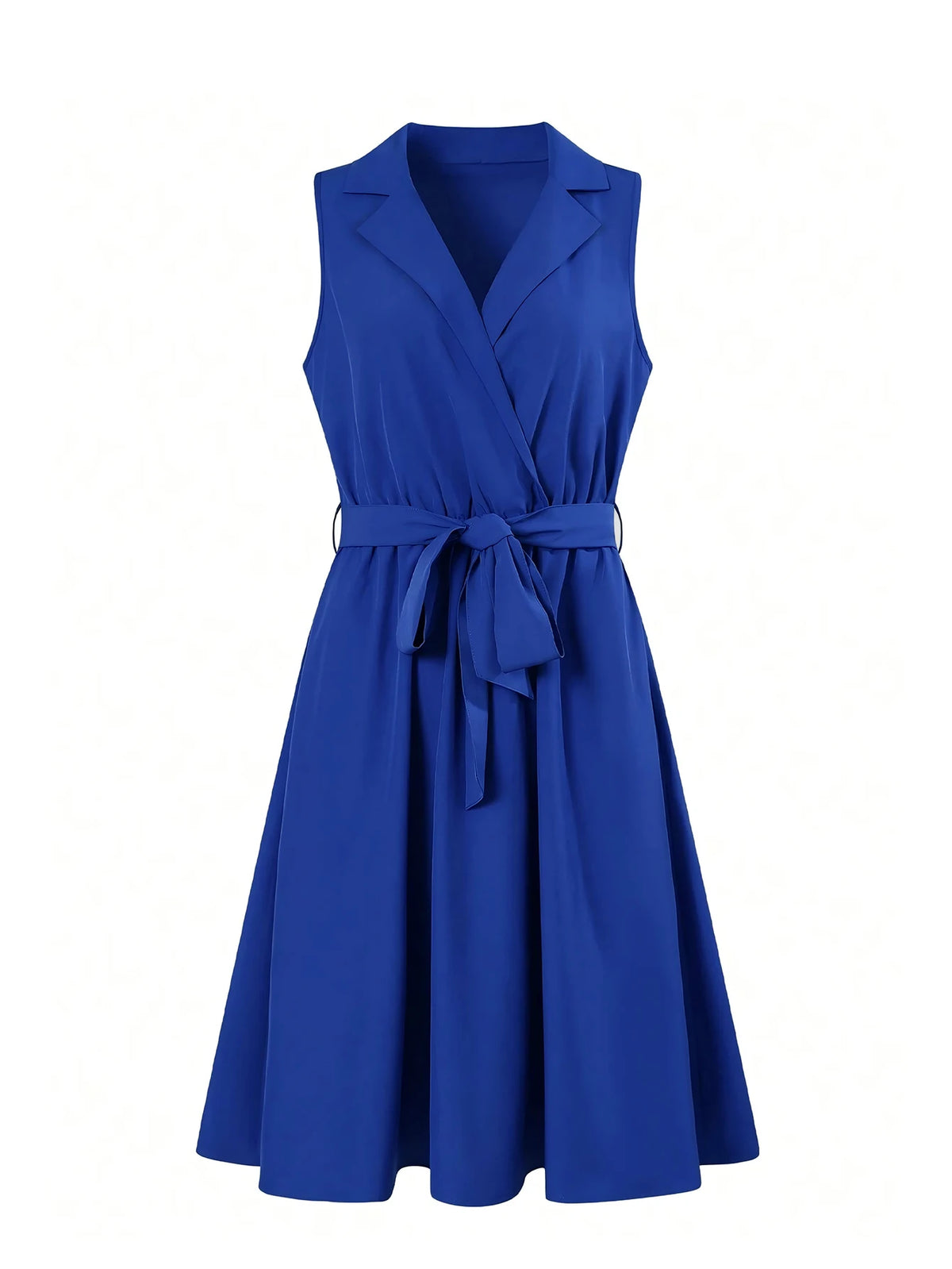 Dress Blue V-Neck Cross Sleeveless Shirt Dress Belted Waist Flared Skirt Chic Women Daily Streetwear