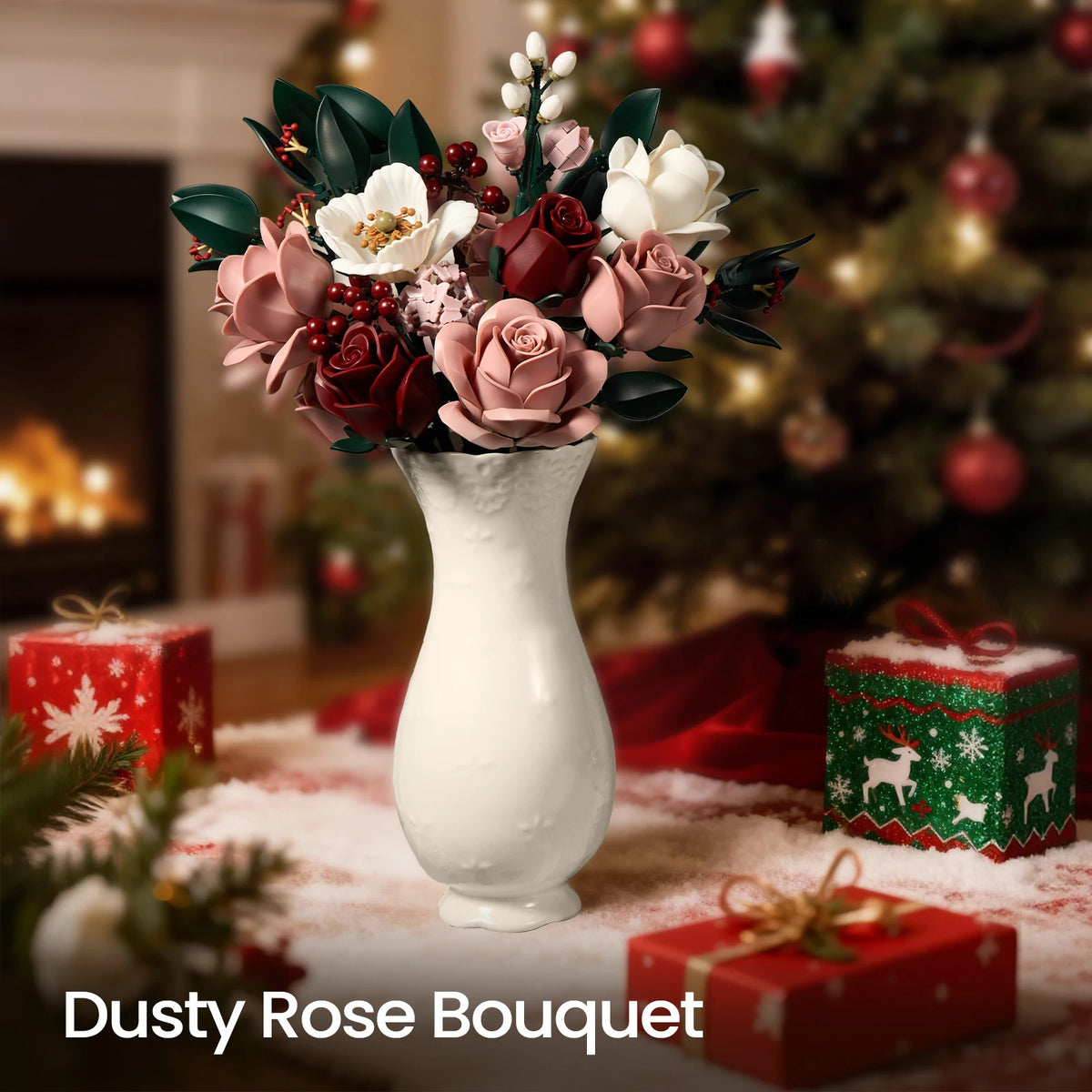 Pink Rose Bouquet Building Blocks Botanical Artificial Flower Model Modern Home Decor Table Ornament Romantic Valentine Birthday Gift for Women