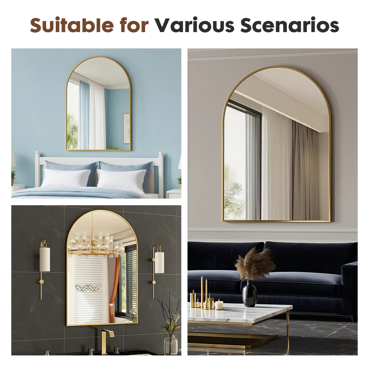 JHK 26"x38" Arched Metal Framed Bathroom Mirrors for Wall Hanging Mirror Glass Mirror Modern Wall Decor For Bedroom Entryway