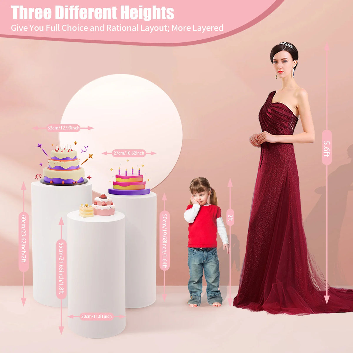 3-Piece White Cylinder Display Stand Set Cake Stand Pedestal Heavy Duty Party Decor 50+55+60cm for Wedding Dessert Table
