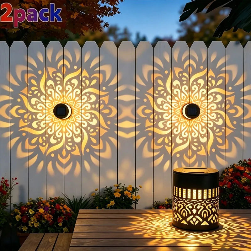 2 Pack Solar Fence Lights Metal Solar Powered Outdoor Deck Step Wall Lights Mandala Theme Waterproof Fence Light for Garden Post Patio Backyard Yard Decor