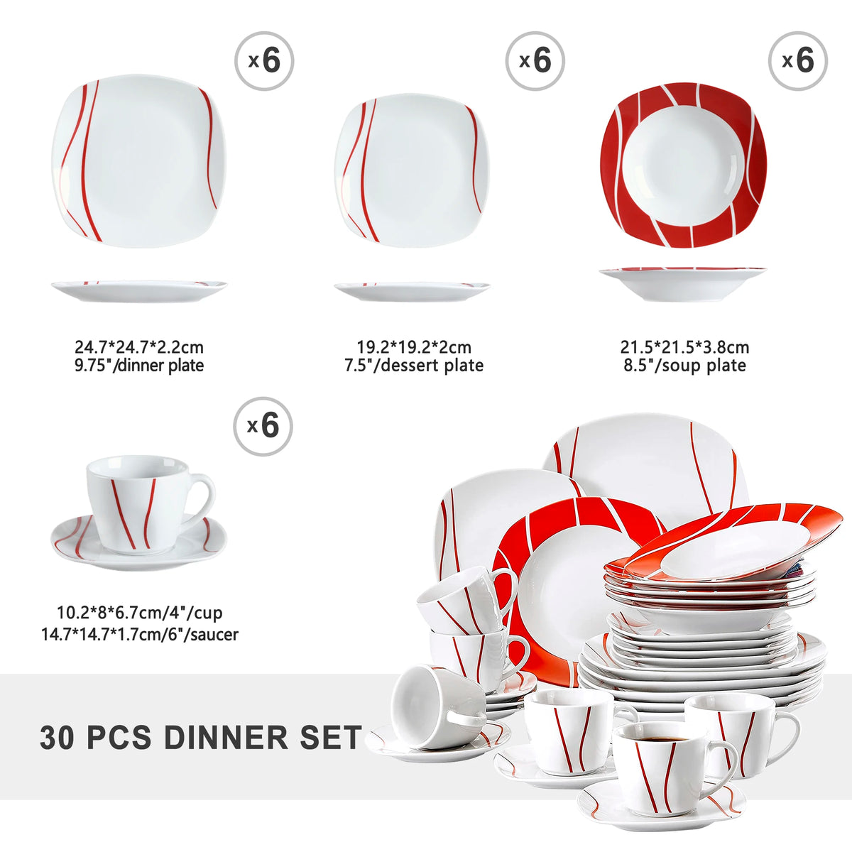 MALACASA Series Felisa 30 Piece Red Stripes Ivory White Porcelain Dinner Set with 6 Piece Cups Saucers Dessert Soup Dinner Plate