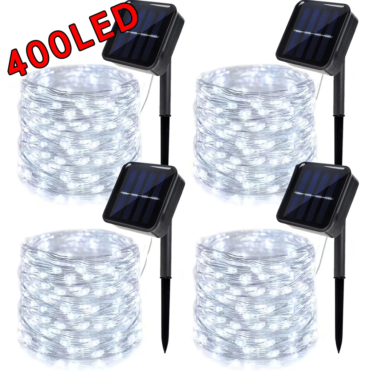 4Pcs/Pack 400 LED Solar Fairy Lights, Copper Wire String Lights with Solar Powered, 8 Lighting Modes, Outdoor/Indoor Lights for Garden, Patio, Wedding, Party & Holiday Decoration(Totaling 157.48 Feet ,Warm/Cool White/Mulitico