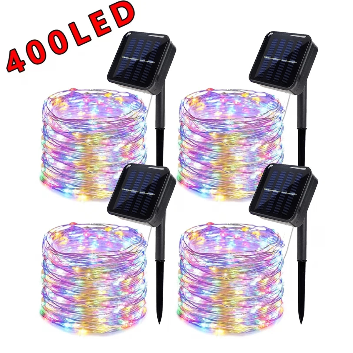 4Pcs/Pack 400 LED Solar Fairy Lights, Copper Wire String Lights with Solar Powered, 8 Lighting Modes, Outdoor/Indoor Lights for Garden, Patio, Wedding, Party & Holiday Decoration(Totaling 157.48 Feet ,Warm/Cool White/Mulitico