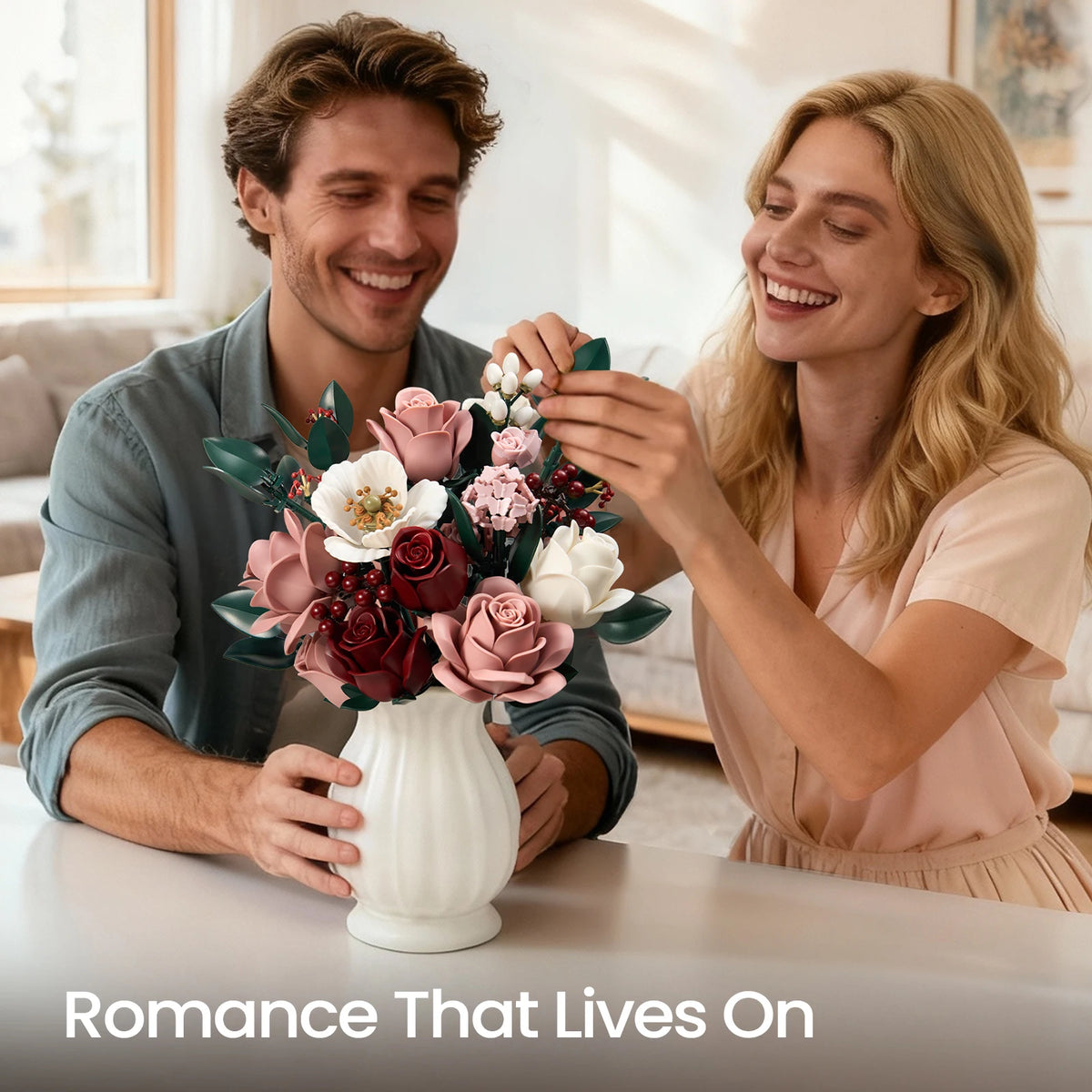 Pink Rose Bouquet Building Blocks Botanical Artificial Flower Model Modern Home Decor Table Ornament Romantic Valentine Birthday Gift for Women