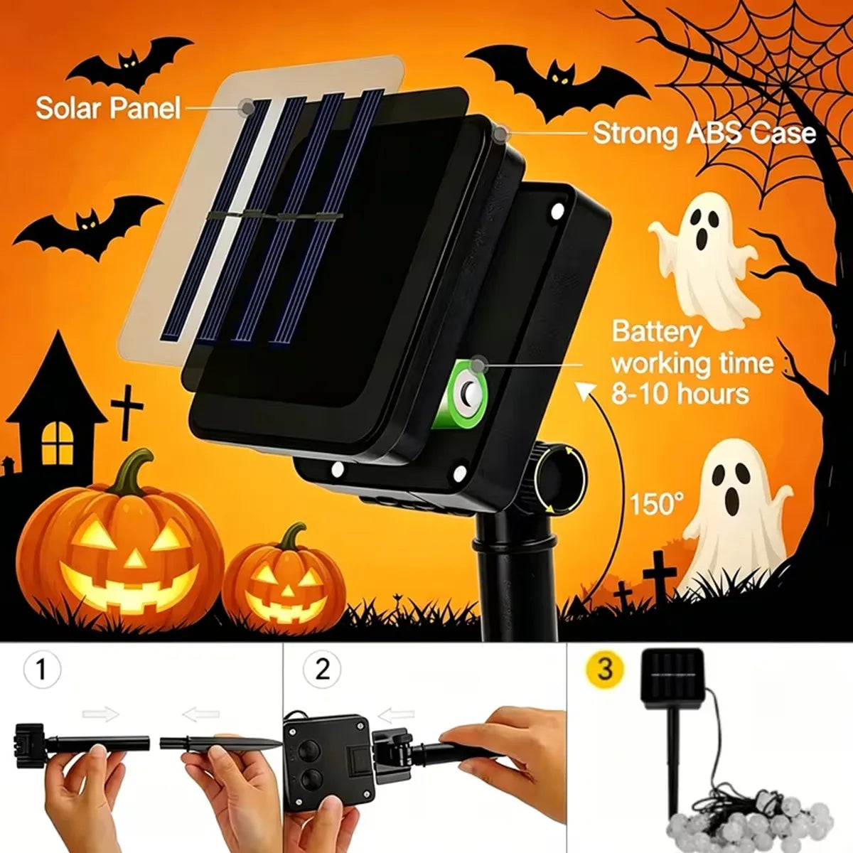 1pc Spooky Halloween Solar Bubble Lamp String Lights – 100 LED Fairy Lights for Haunted House, Porch, Party Decor 8 Flashing Modes Outdoor Indoor Festive Atmosphere