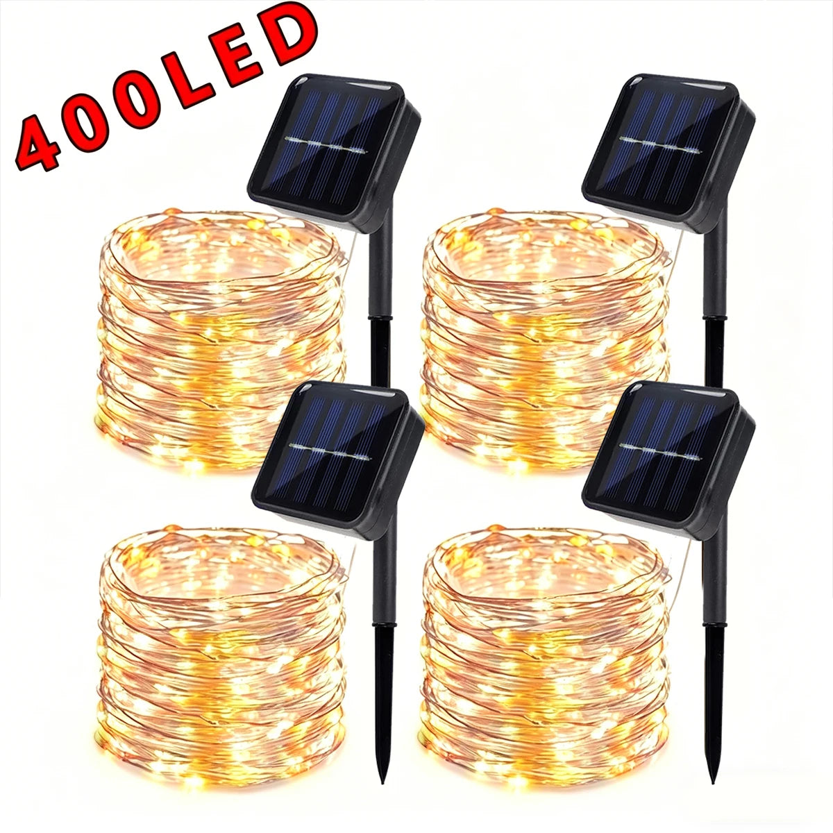 4Pcs/Pack 400 LED Solar Fairy Lights, Copper Wire String Lights with Solar Powered, 8 Lighting Modes, Outdoor/Indoor Lights for Garden, Patio, Wedding, Party & Holiday Decoration(Totaling 157.48 Feet ,Warm/Cool White/Mulitico