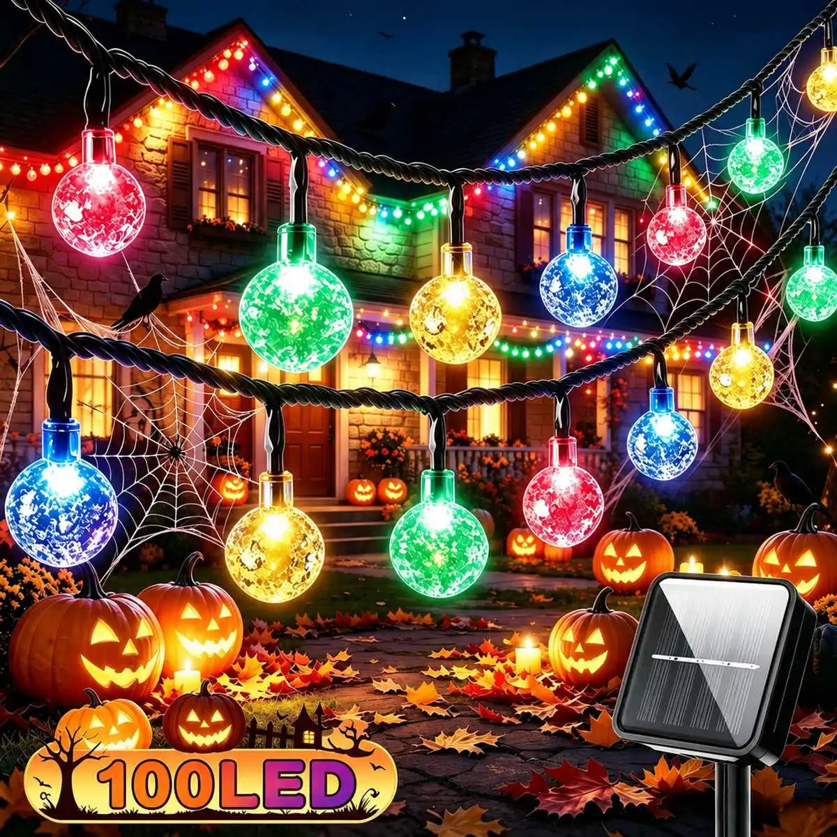 1pc Spooky Halloween Solar Bubble Lamp String Lights – 100 LED Fairy Lights for Haunted House, Porch, Party Decor 8 Flashing Modes Outdoor Indoor Festive Atmosphere