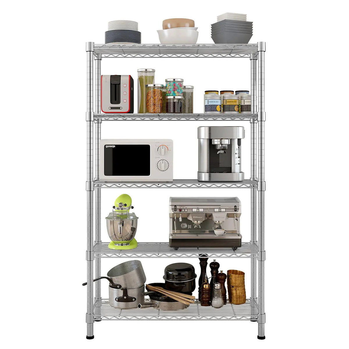 5‑Tier Storage Shelves Silver Metal Wire Storage Storage Cabinet Living Room Furniture for Kitchen Warehouse Cookware Small Appliance Household Supplies Organizer