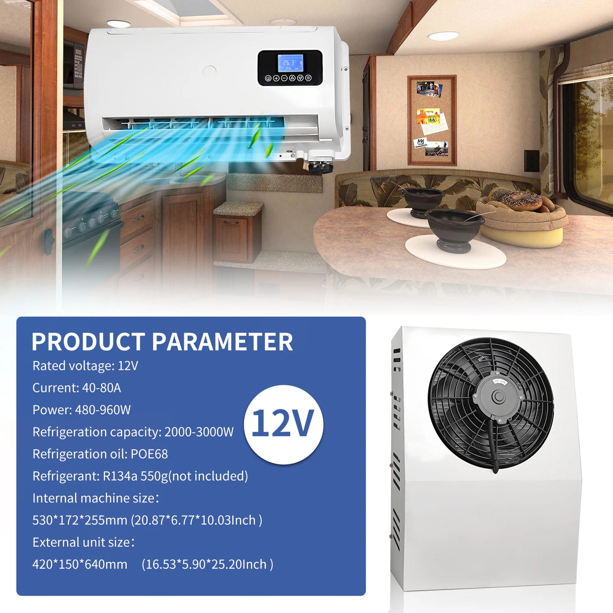 Treeligo 12V/24V 12000BTU Truck Split Air Conditioner Electric Parking Cooler AC Unit For Tractor Cab Truck Camper Van Caravan