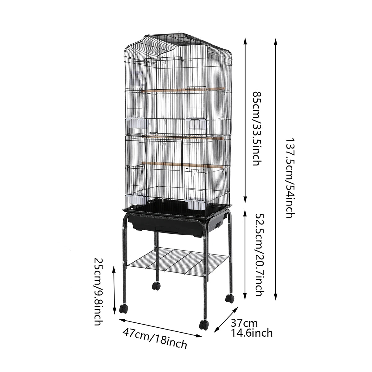 Large Bird Cage with Stand & Wheels, 47x37x137cm Flight Cage for Cockatiels Parrots Finches with Lockable Door (White/Black))