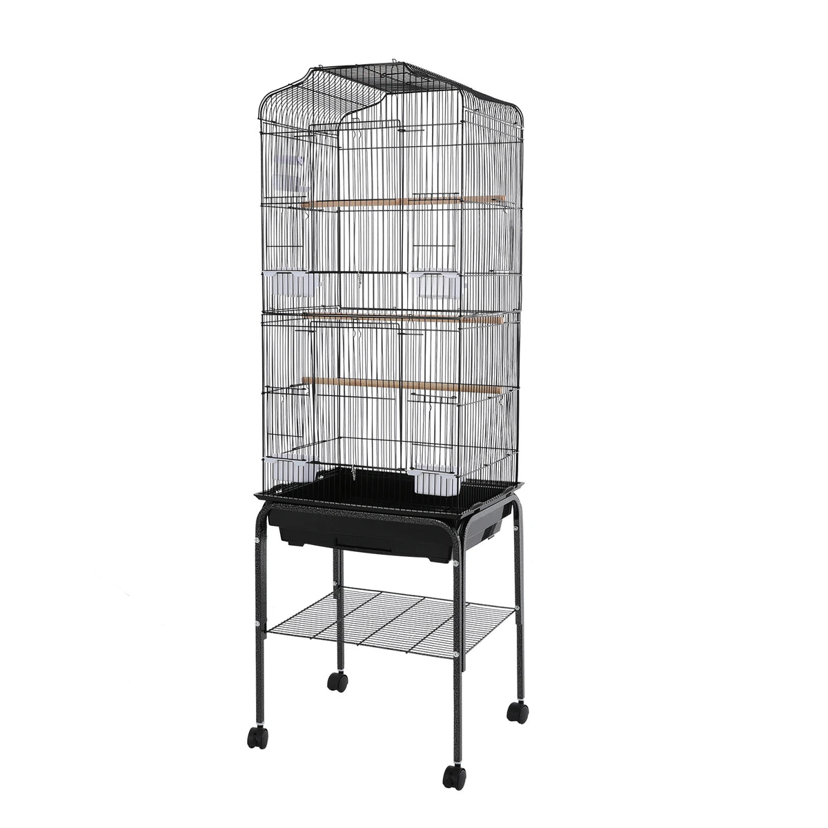 Large Bird Cage with Stand & Wheels, 47x37x137cm Flight Cage for Cockatiels Parrots Finches with Lockable Door (White/Black))