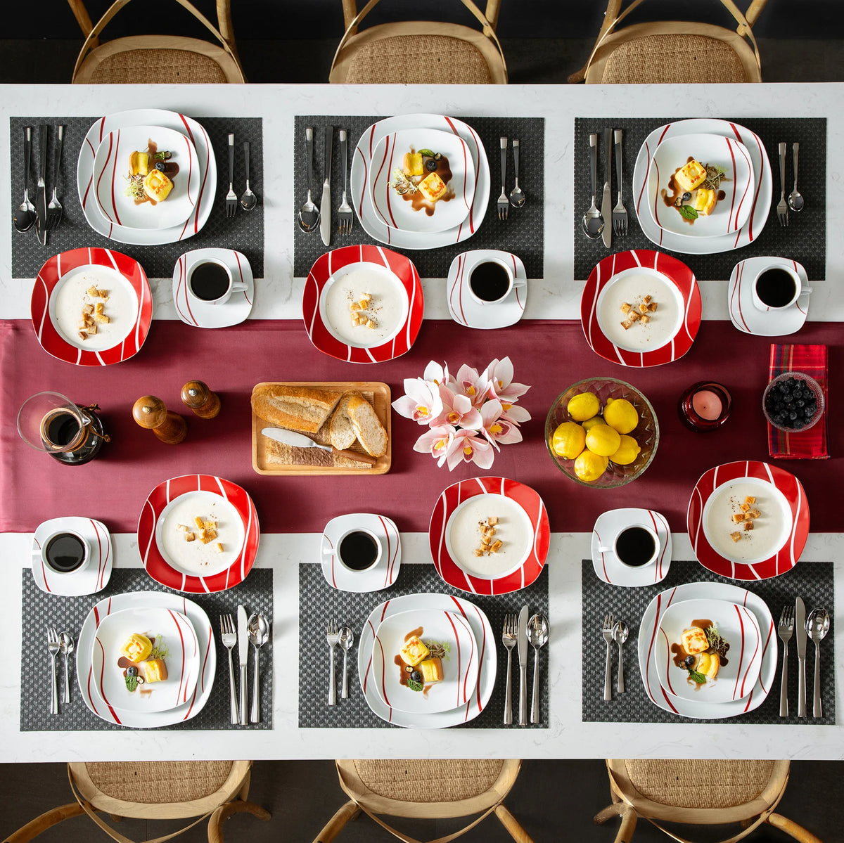MALACASA Series Felisa 30 Piece Red Stripes Ivory White Porcelain Dinner Set with 6 Piece Cups Saucers Dessert Soup Dinner Plate