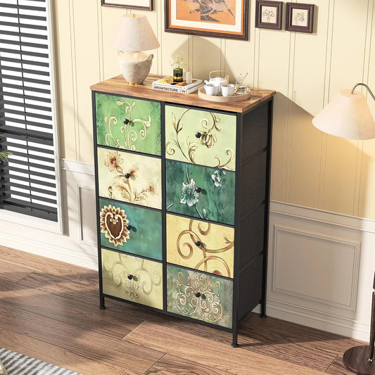 GALAXHERO Vintage Floral 8-Drawer Dresser, Tall Storage Chest with Wooden Top and Metal Frame, Narrow Organizer Cabinet for Bedroom, Living Room, Hallway and Closet