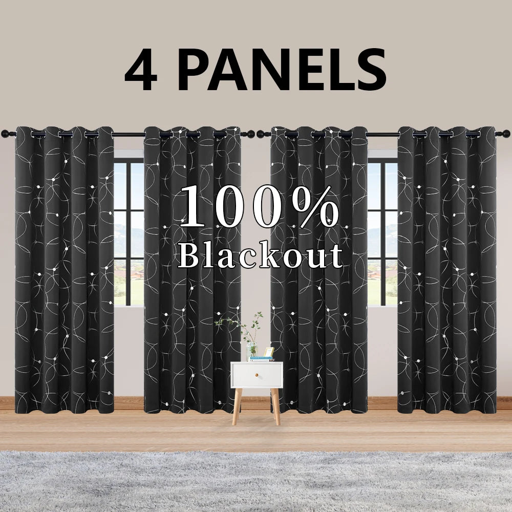 4PCSBlackout Curtains Grommet Thermal Insulated Room Darkening  With Circle And Dots Foil Printed For Bedroom