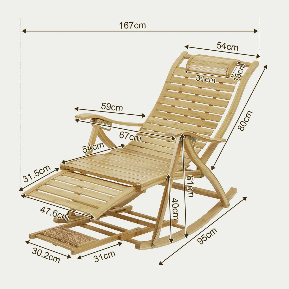 Folding Bamboo Rocking Chair Bamboo for Living Room, Bedroom, Backyard,Indoor Outdoor Furniture Adjustable Sun Lounger Chairs
