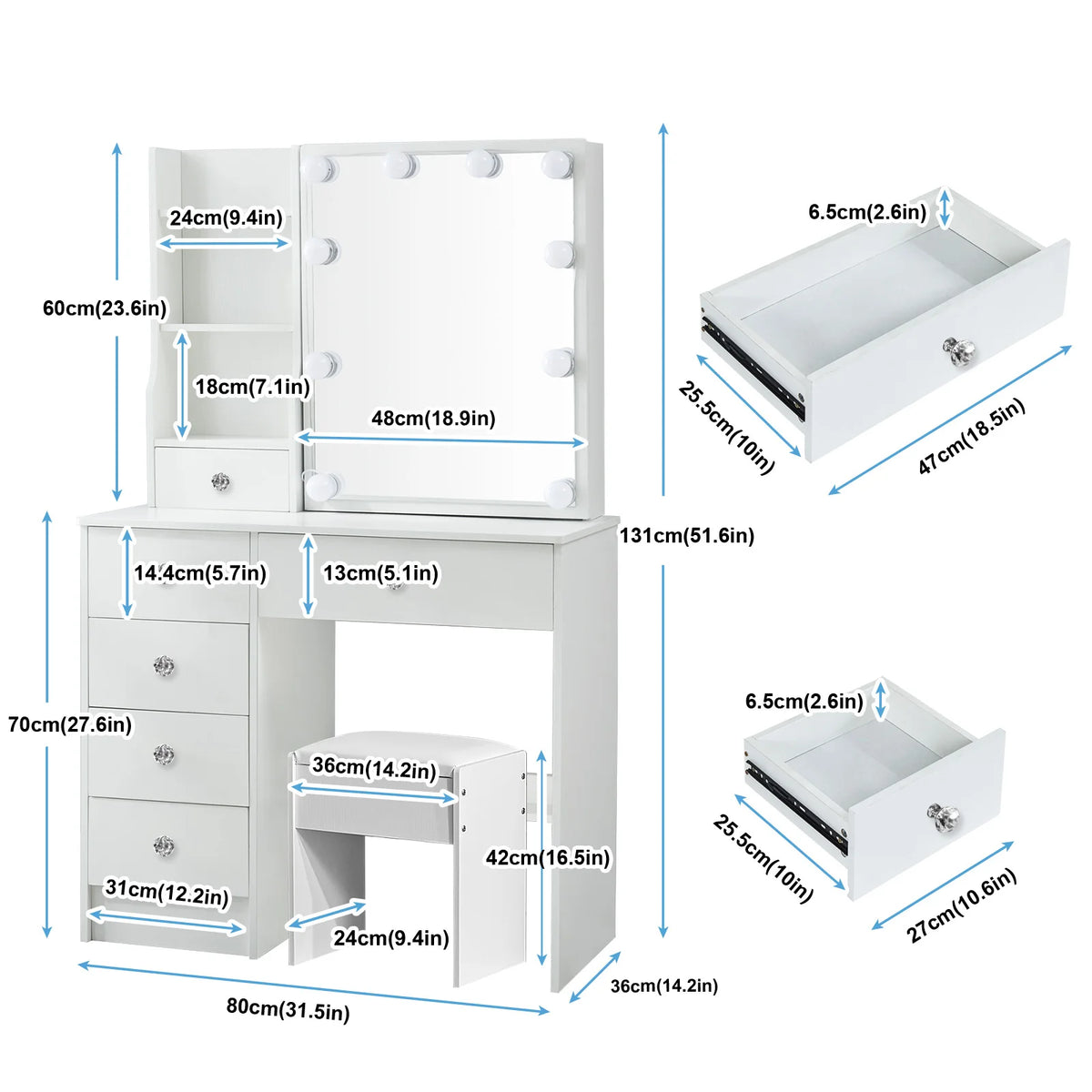 Teousev White LED Makeup Vanity Set with Sliding Mirror, 3-Color Dimmable Lights, 6 Drawers & Stool, Modern Dressing Table