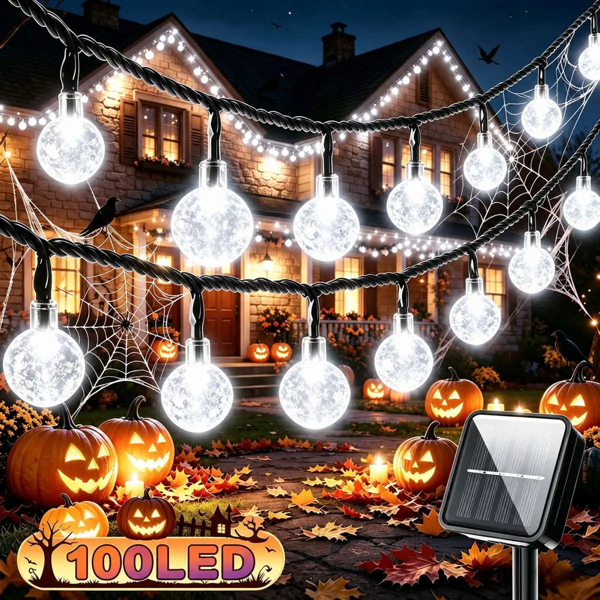 1pc Spooky Halloween Solar Bubble Lamp String Lights – 100 LED Fairy Lights for Haunted House, Porch, Party Decor 8 Flashing Modes Outdoor Indoor Festive Atmosphere