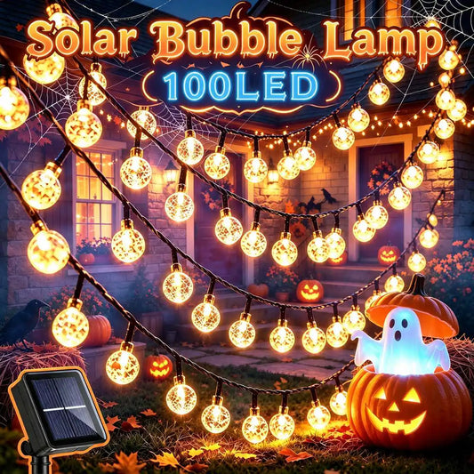 1pc Spooky Halloween Solar Bubble Lamp String Lights – 100 LED Fairy Lights for Haunted House, Porch, Party Decor 8 Flashing Modes Outdoor Indoor Festive Atmosphere