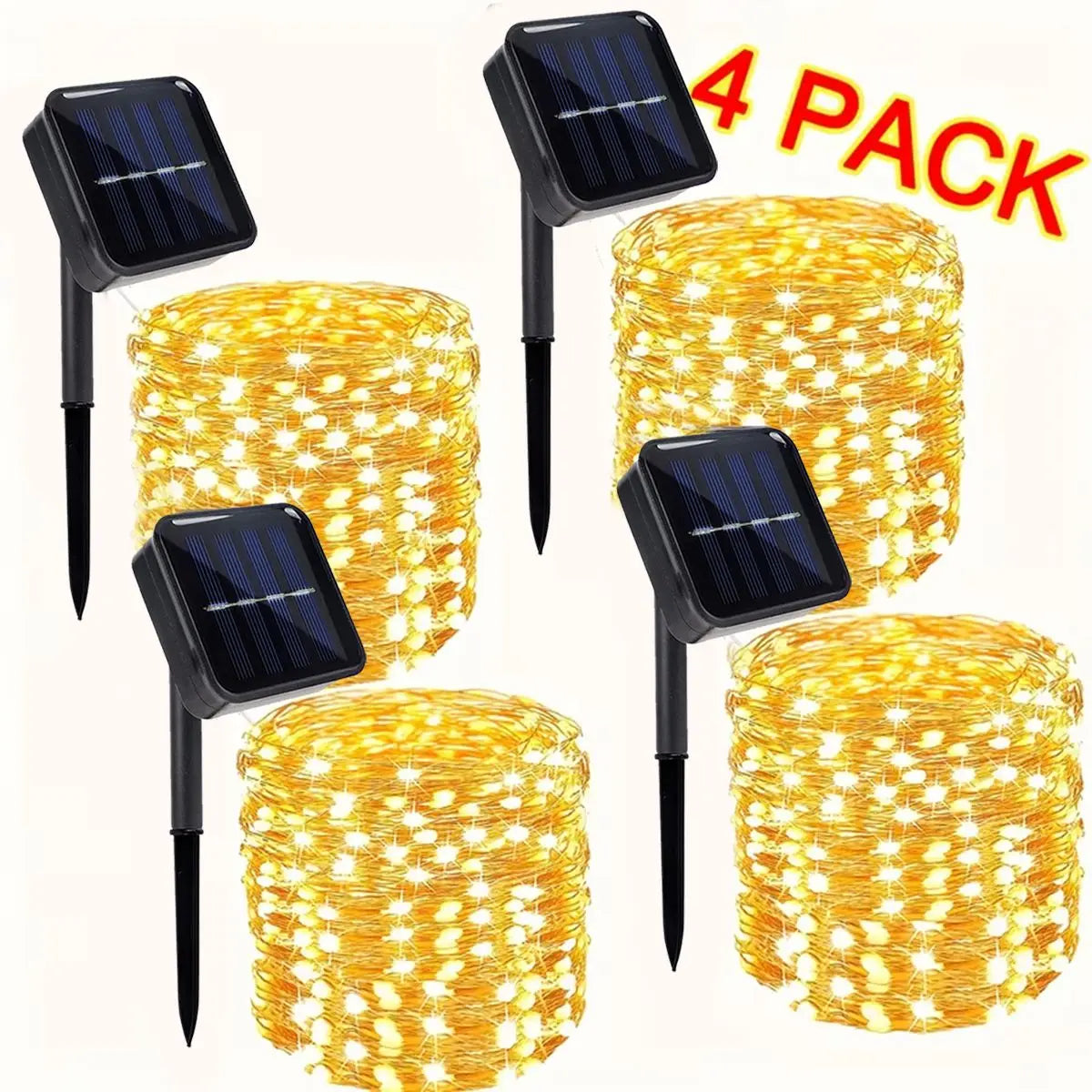 4Pcs/Pack 400 LED Solar Fairy Lights, Copper Wire String Lights with Solar Powered, 8 Lighting Modes, Outdoor/Indoor Lights for Garden, Patio, Wedding, Party & Holiday Decoration(Totaling 157.48 Feet ,Warm/Cool White/Mulitico