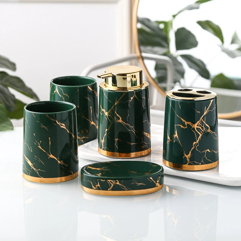 Marbling Ceramic Bathroom Kit Home Toiletries Wash Set 5-piece Mouth Cup Lotion Bottle Toothbrush Holder Soap Dish