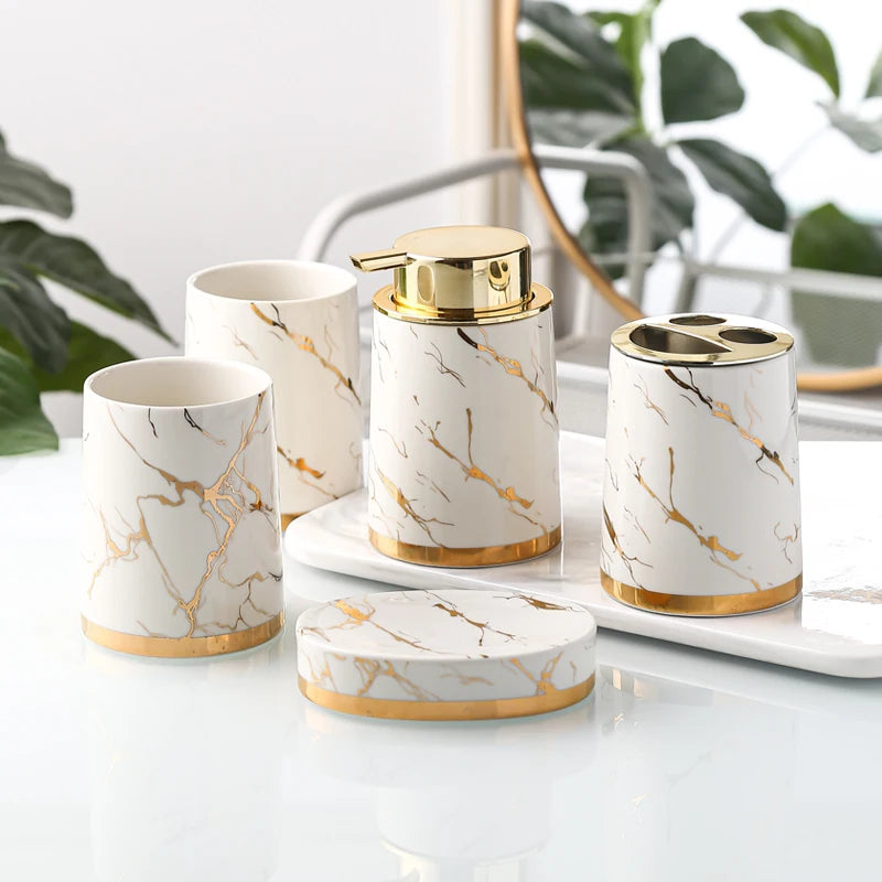 Marbling Ceramic Bathroom Kit Home Toiletries Wash Set 5-piece Mouth Cup Lotion Bottle Toothbrush Holder Soap Dish