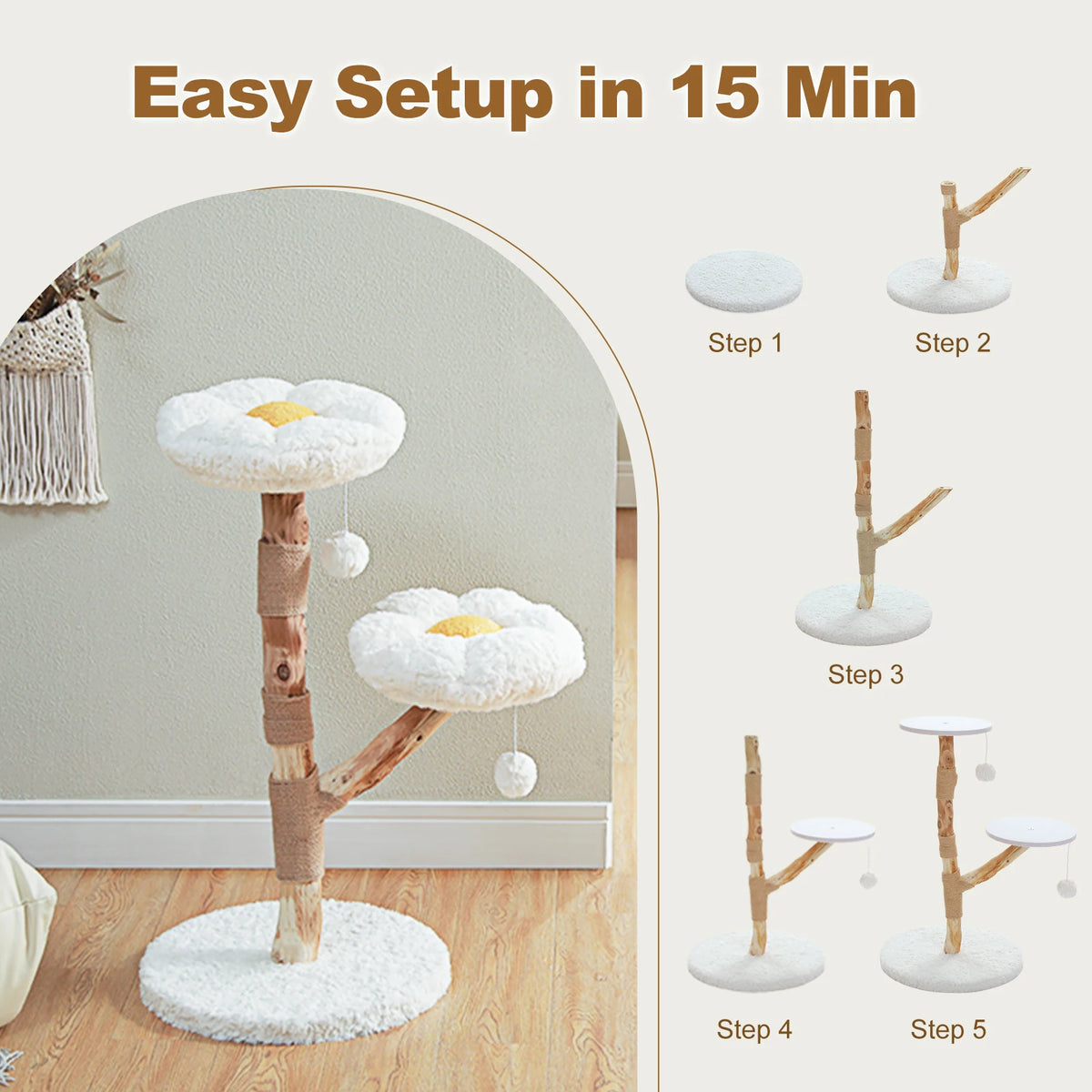 Flower Cat Tree for Indoor Cats Modern Wood Cat Tower with 2 Perches Sisal Scratching Post Scraper for Cat Accessories Cat Toys