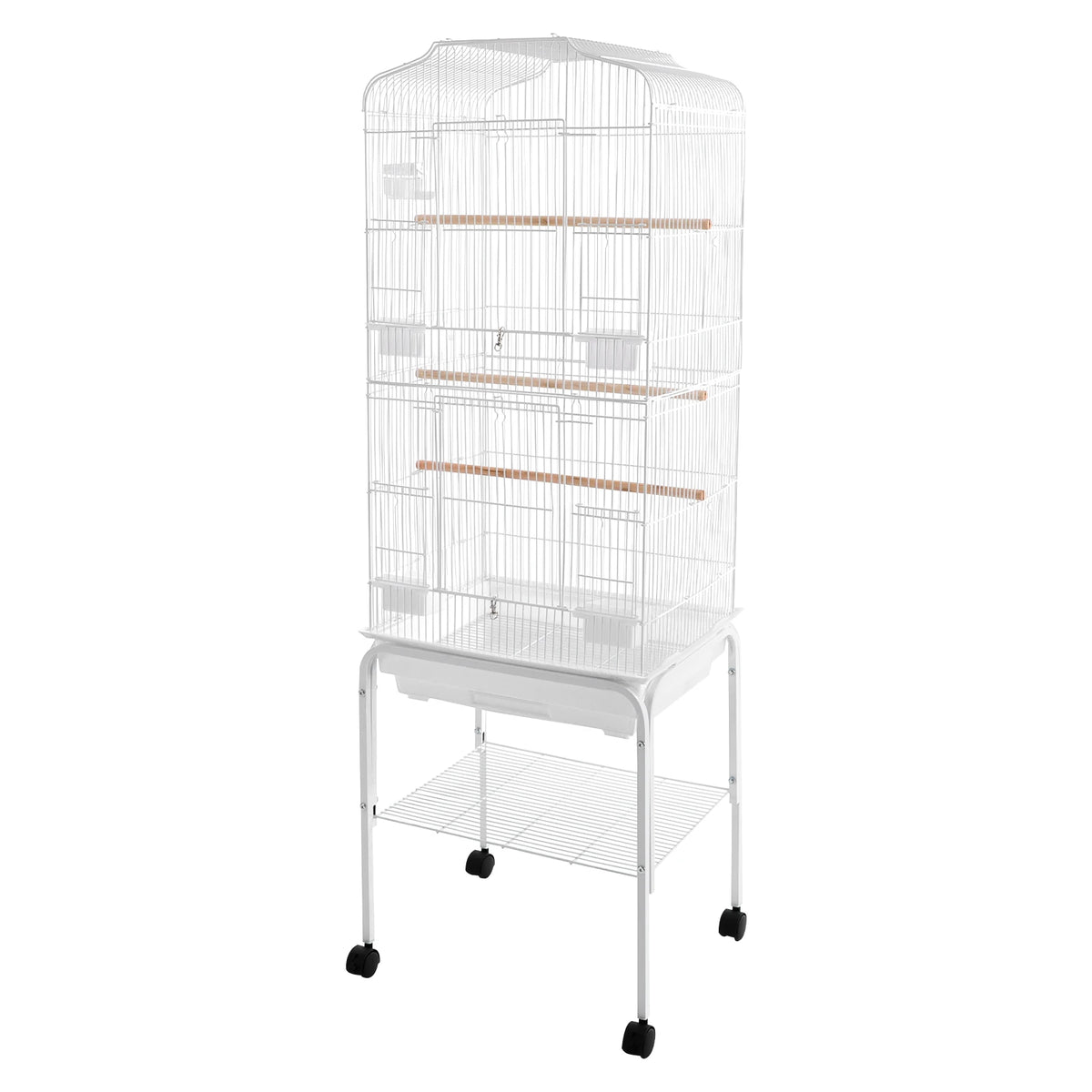 Large Bird Cage with Stand & Wheels, 47x37x137cm Flight Cage for Cockatiels Parrots Finches with Lockable Door (White/Black))