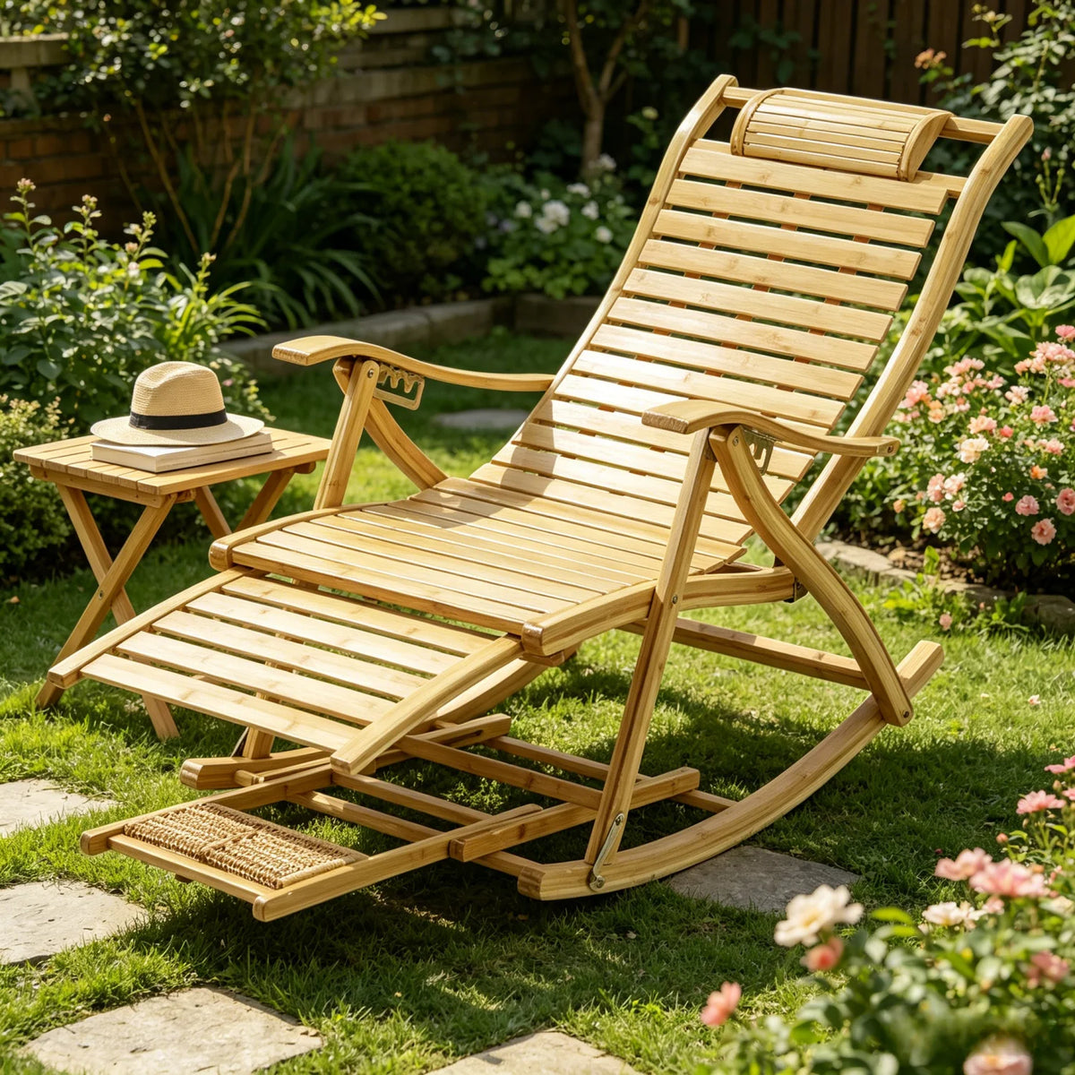 Folding Bamboo Rocking Chair Bamboo for Living Room, Bedroom, Backyard,Indoor Outdoor Furniture Adjustable Sun Lounger Chairs
