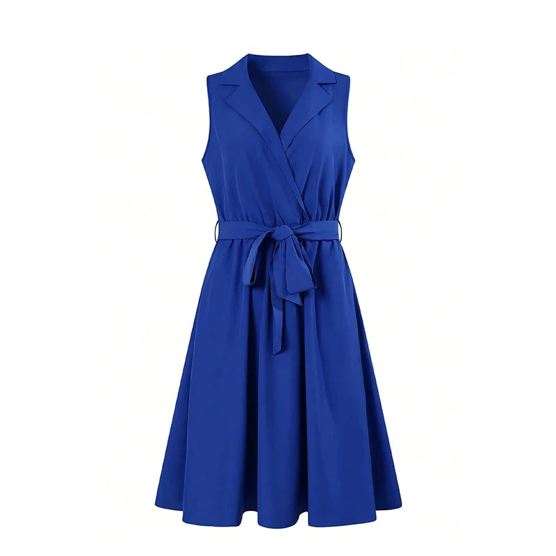 Dress Blue V-Neck Cross Sleeveless Shirt Dress Belted Waist Flared Skirt Chic Women Daily Streetwear
