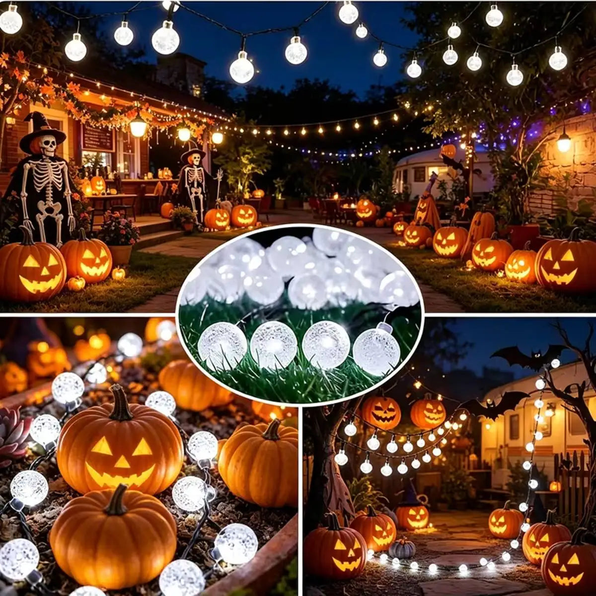1pc Spooky Halloween Solar Bubble Lamp String Lights – 100 LED Fairy Lights for Haunted House, Porch, Party Decor 8 Flashing Modes Outdoor Indoor Festive Atmosphere