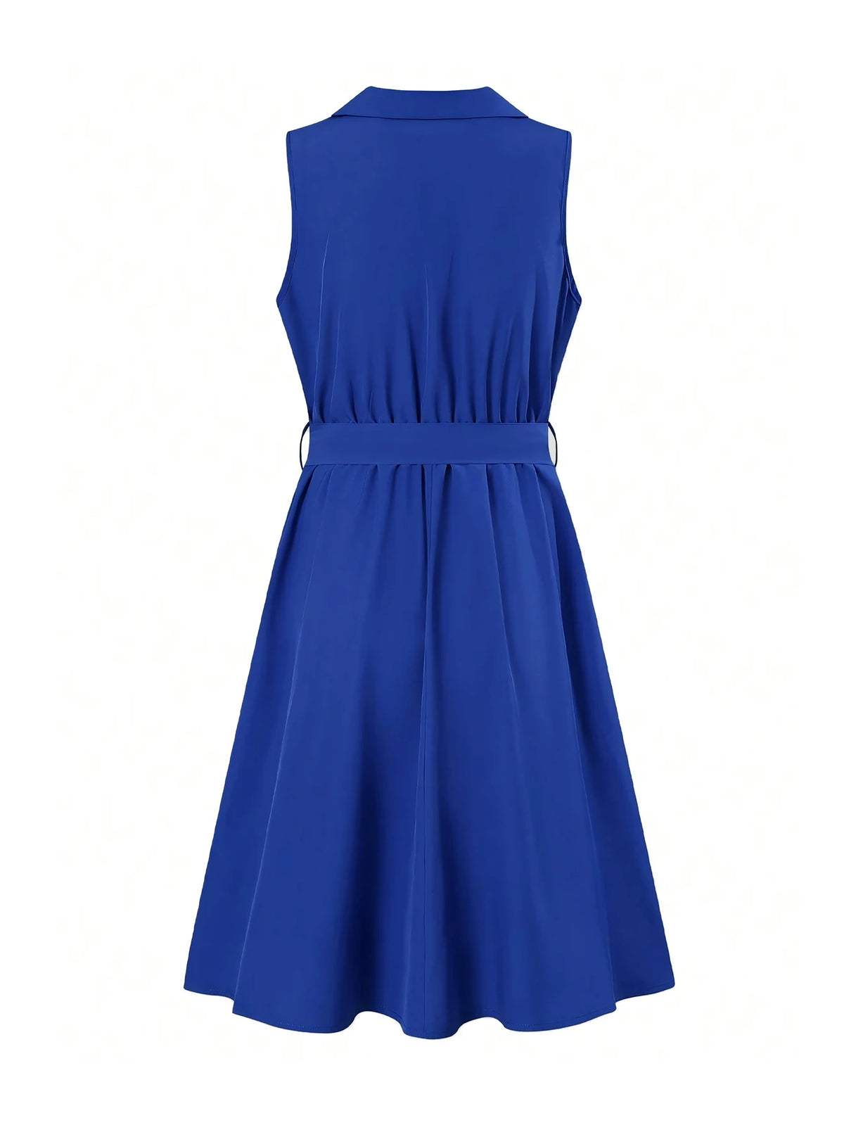 Dress Blue V-Neck Cross Sleeveless Shirt Dress Belted Waist Flared Skirt Chic Women Daily Streetwear