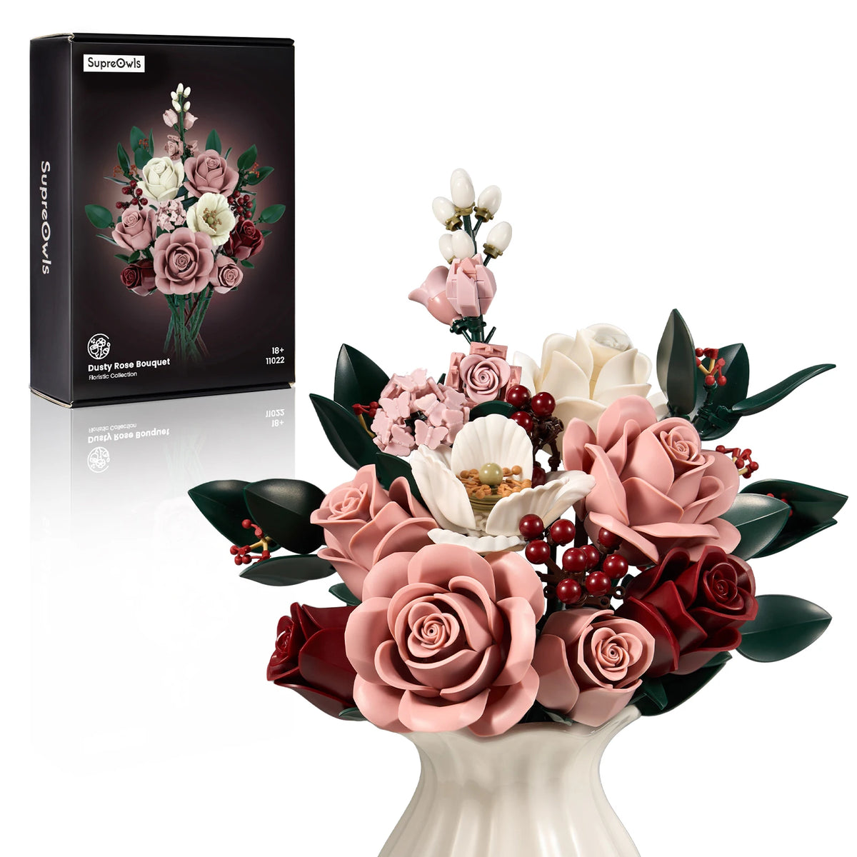 Pink Rose Bouquet Building Blocks Botanical Artificial Flower Model Modern Home Decor Table Ornament Romantic Valentine Birthday Gift for Women