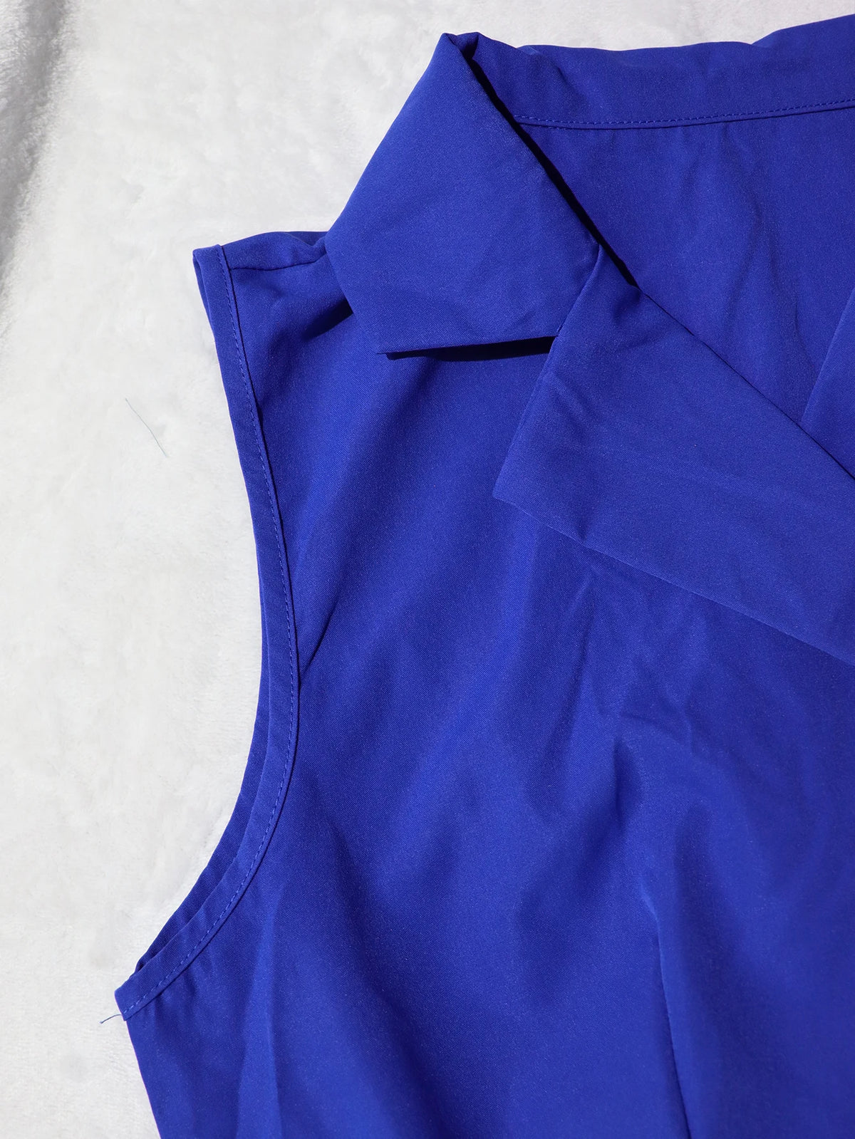 Dress Blue V-Neck Cross Sleeveless Shirt Dress Belted Waist Flared Skirt Chic Women Daily Streetwear