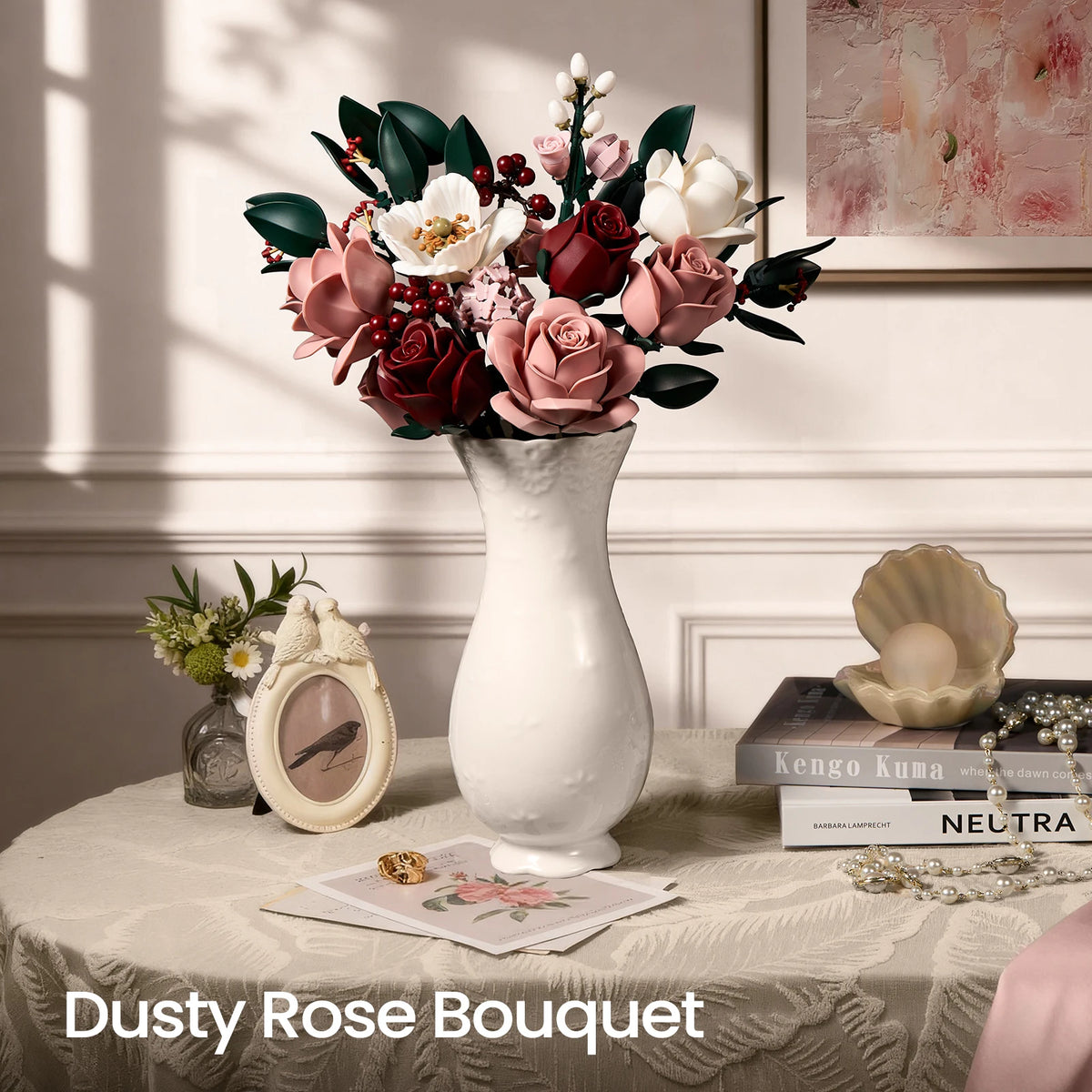 Pink Rose Bouquet Building Blocks Botanical Artificial Flower Model Modern Home Decor Table Ornament Romantic Valentine Birthday Gift for Women