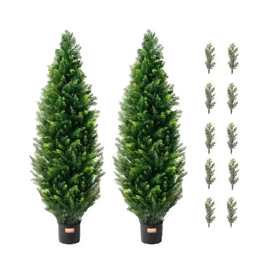 SucceBuy Artificial Cedar Topiary Tree Evergreen Fake Pine Cypress Trees Plant Artificial Greenery Set for Home Decor Outdoor