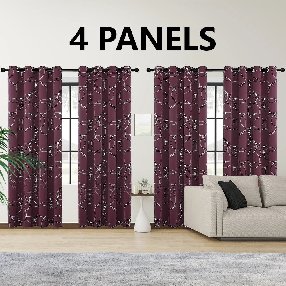 4PCSBlackout Curtains Grommet Thermal Insulated Room Darkening  With Circle And Dots Foil Printed For Bedroom
