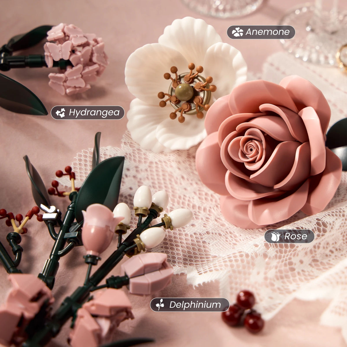 Pink Rose Bouquet Building Blocks Botanical Artificial Flower Model Modern Home Decor Table Ornament Romantic Valentine Birthday Gift for Women