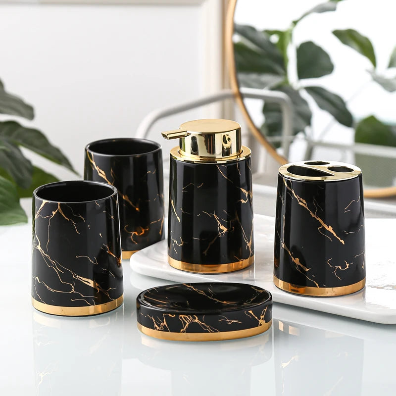 Marbling Ceramic Bathroom Kit Home Toiletries Wash Set 5-piece Mouth Cup Lotion Bottle Toothbrush Holder Soap Dish