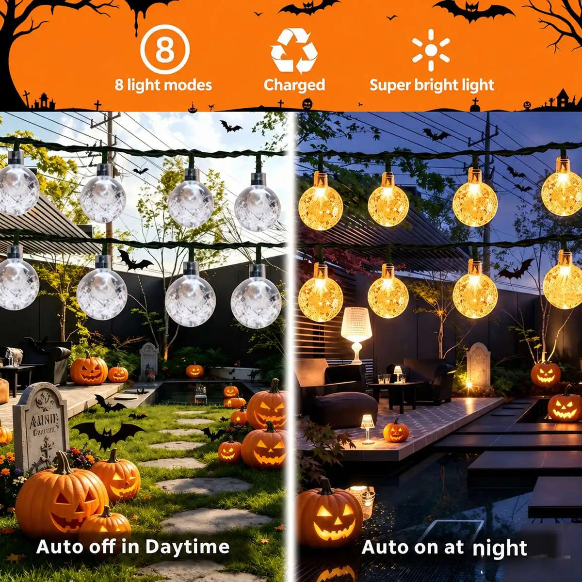 1pc Spooky Halloween Solar Bubble Lamp String Lights – 100 LED Fairy Lights for Haunted House, Porch, Party Decor 8 Flashing Modes Outdoor Indoor Festive Atmosphere