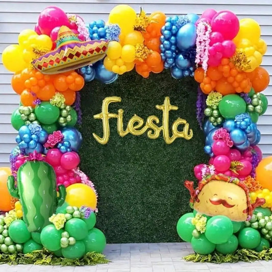 Fiesta Balloon Garland Arch Kit, Hot Pink Orange Yellow Green Blue Latex Balloons with Fiesta Letter Taco Sombrero Cactus Foil Balloons, Mexican Cinco De Mayo Taco Tuesday Summer Party Photo Booth Backdrop Decor Supplies
