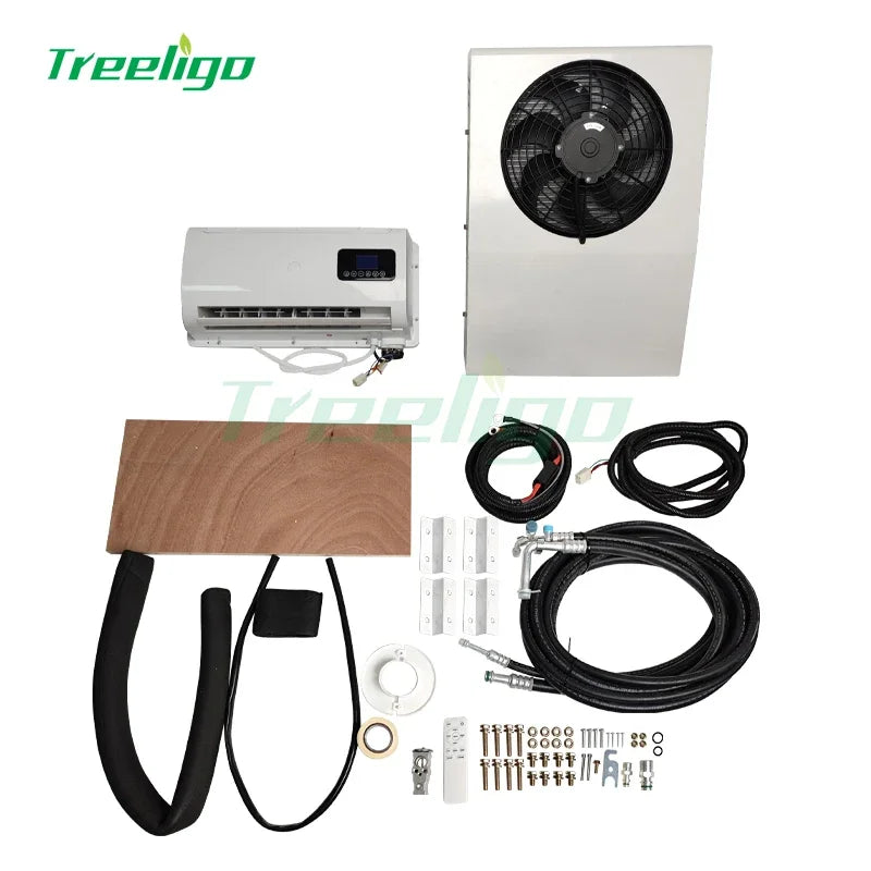 Treeligo 12V/24V 12000BTU Truck Split Air Conditioner Electric Parking Cooler AC Unit For Tractor Cab Truck Camper Van Caravan
