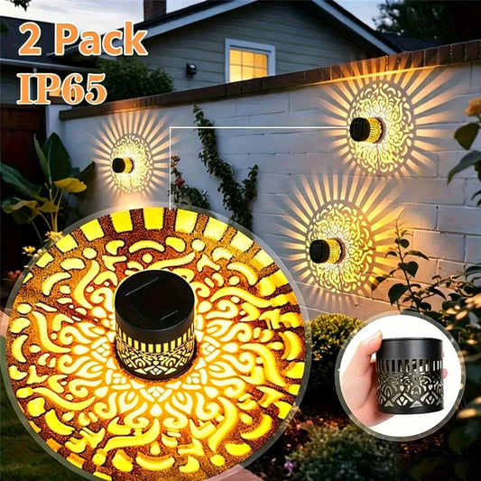 2 Pack Solar Fence Lights Metal Solar Powered Outdoor Deck Step Wall Lights Mandala Theme Waterproof Fence Light for Garden Post Patio Backyard Yard Decor
