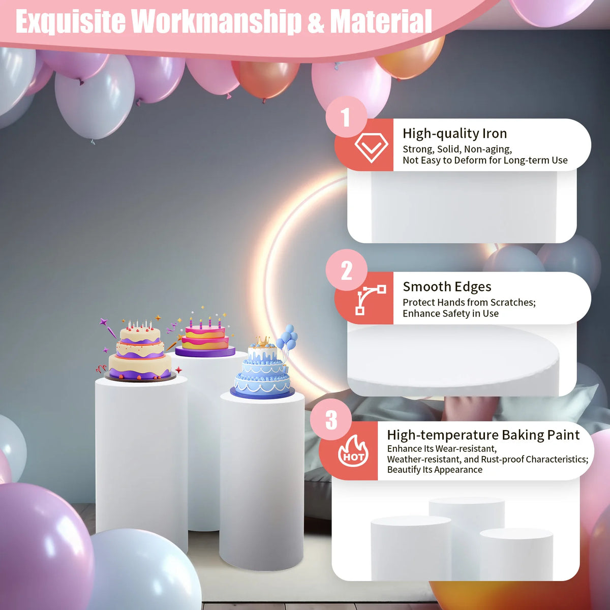 3-Piece White Cylinder Display Stand Set Cake Stand Pedestal Heavy Duty Party Decor 50+55+60cm for Wedding Dessert Table