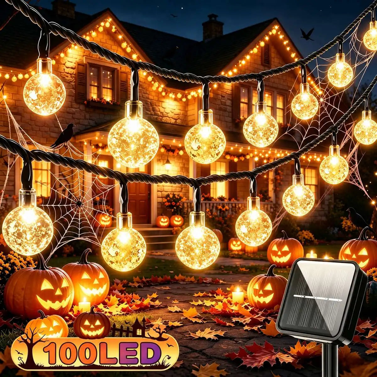 1pc Spooky Halloween Solar Bubble Lamp String Lights – 100 LED Fairy Lights for Haunted House, Porch, Party Decor 8 Flashing Modes Outdoor Indoor Festive Atmosphere